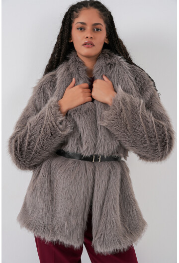 Kadın Kemerli Oversize Kürklü Kaban