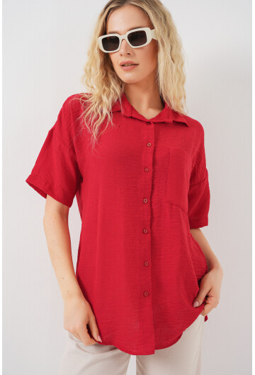 Kadın Kısa Kol Keten Görünümlü Gömlek 20336