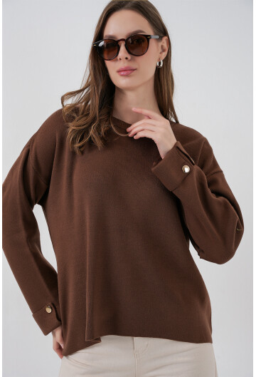 Kadın Kol Düğmeli Oversize Triko Kazak 15981