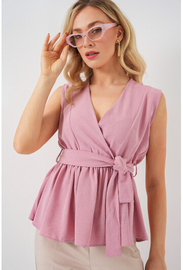 Kadın Kruvaze Yaka Kolsuz Bluz 966