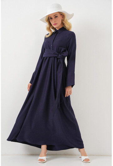 Kadın Önü Bağlamalı Keten Elbise 2574