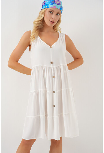 Kadın Sıfır Kol Düğmeli Kısa Elbise 2571