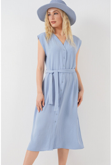 Kadın Sıfır Kol Kuşaklı Ayrobin Elbise 2568