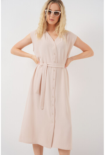 Kadın Sıfır Kol Kuşaklı Ayrobin Elbise 2568