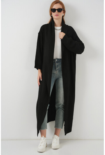 Kadın Yün Dokulu Katlama Yaka Uzun Triko Hırka 15924