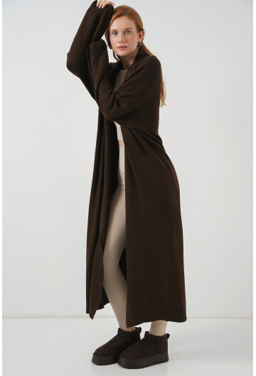 Kadın Yün Dokulu Katlama Yaka Uzun Triko Hırka 15924