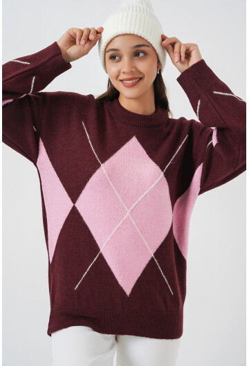 15895 Baklava Desenli Oversize Triko Kazak