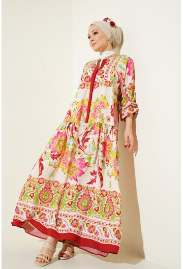 2423 Otantik Desenli Tesettür Elbise