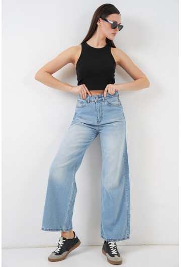 Kadın Bol Paça Yüksek Bel Palazzo Kot Pantolon 6656