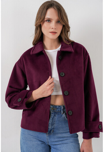 Kadın Cepli Kruvaze Uzun Kollu Kısa Kaşe Ceket 0724
