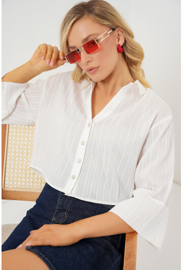 Kadın Çizgili Oversize Kısa Gömlek 20326