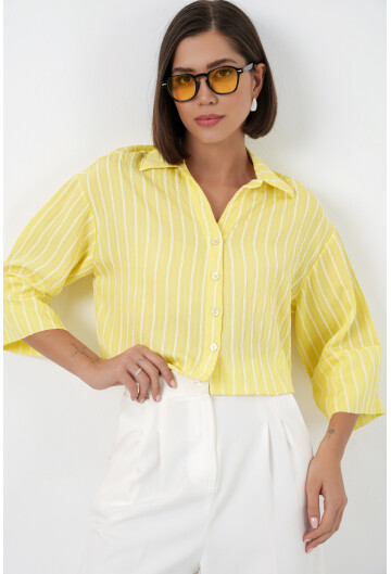 Kadın Çizgili Oversize Kısa Gömlek 20326