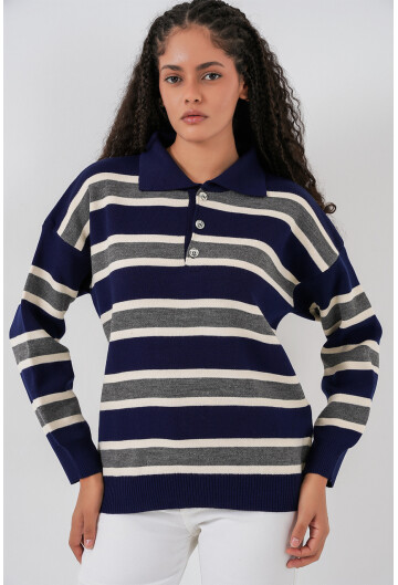 Kadın Çizgili Polo Yaka Triko Kazak 15952