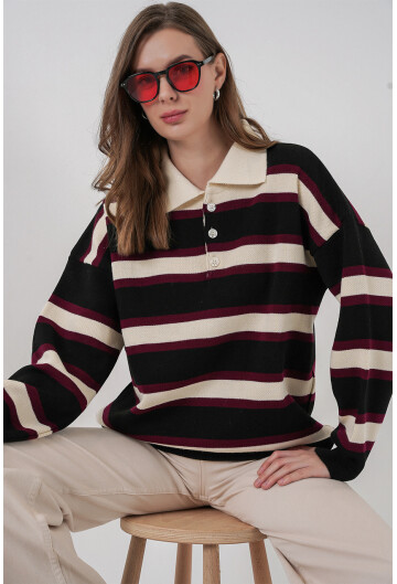 Kadın Çizgili Polo Yaka Triko Kazak 15952