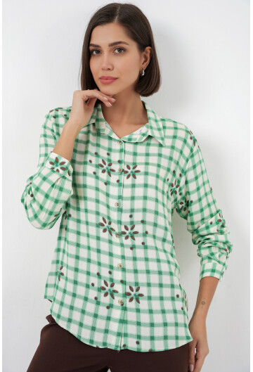 Kadın Desenli Oversize Viskon Gömlek 20371