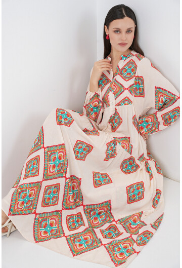 Kadın Desenli Uzun Tesettür Elbise 2585