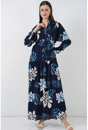 Kadın Desenli Uzun Tesettür Elbise 2585