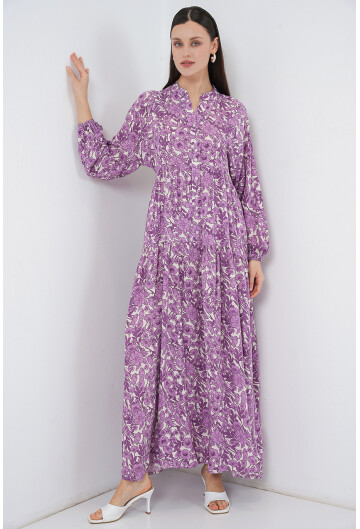 Kadın Desenli Uzun Tesettür Elbise 2585