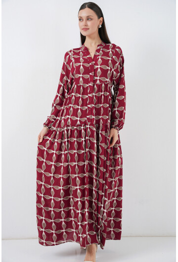 Kadın Desenli Uzun Tesettür Elbise 2585
