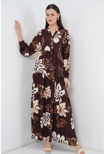 Kadın Desenli Uzun Tesettür Elbise 2585