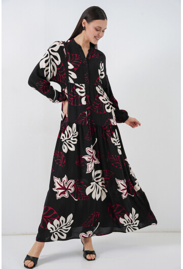 Kadın Desenli Uzun Tesettür Elbise 2585