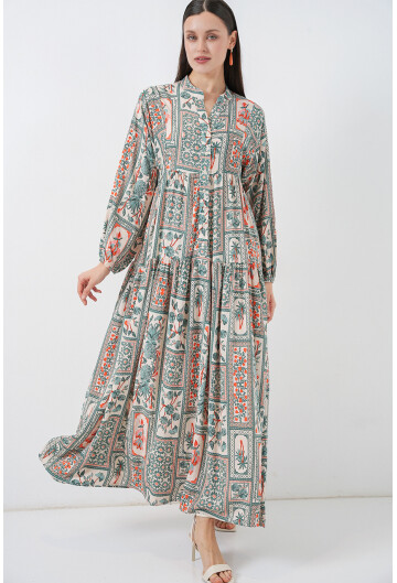 Kadın Desenli Uzun Tesettür Elbise 2585