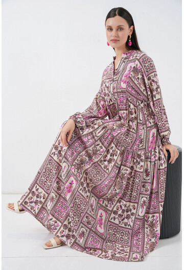 Kadın Desenli Uzun Tesettür Elbise 2585