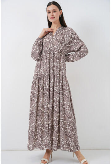 Kadın Desenli Uzun Tesettür Elbise 2585