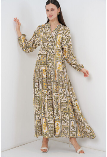 Kadın Desenli Uzun Tesettür Elbise 2585