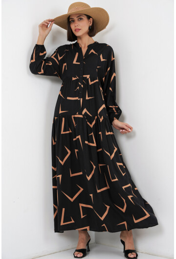 Kadın Desenli Uzun Tesettür Elbise 2585