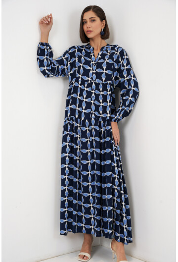 Kadın Desenli Uzun Tesettür Elbise 2585