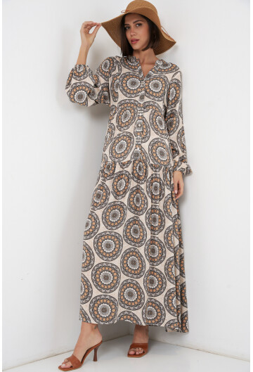 Kadın Desenli Uzun Tesettür Elbise 2585