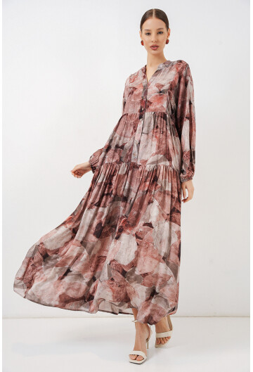 Kadın Desenli Uzun Tesettür Elbise 2585