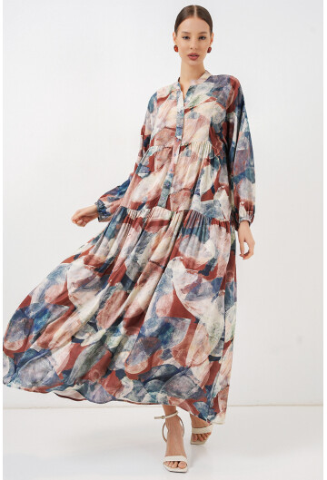 Kadın Desenli Uzun Tesettür Elbise 2585