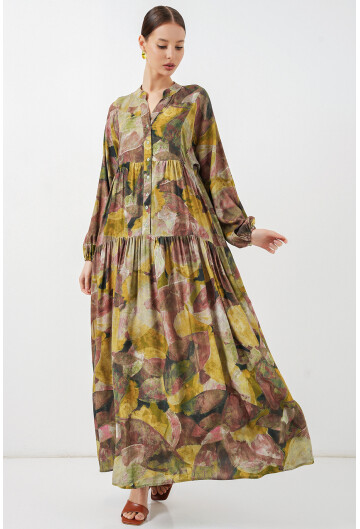 Kadın Desenli Uzun Tesettür Elbise 2585