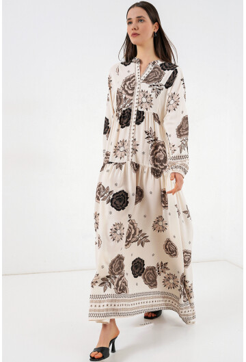 Kadın Desenli Uzun Tesettür Elbise 2585