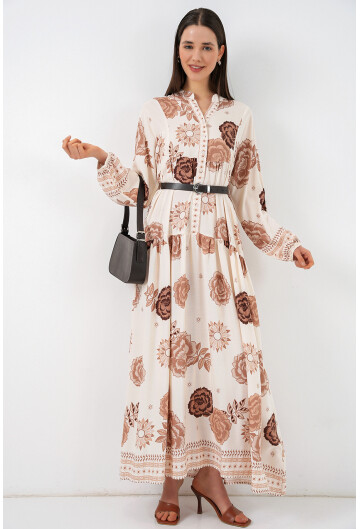 Kadın Desenli Uzun Tesettür Elbise 2585