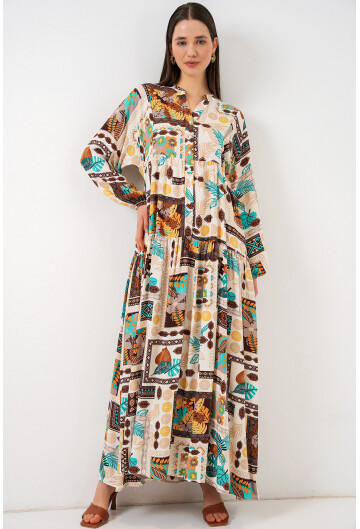 Kadın Desenli Uzun Tesettür Elbise 2585