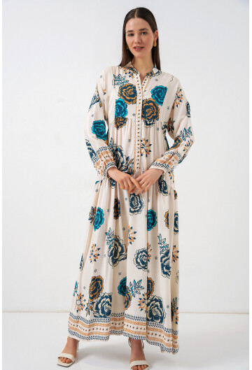 Kadın Desenli Uzun Tesettür Elbise 2585