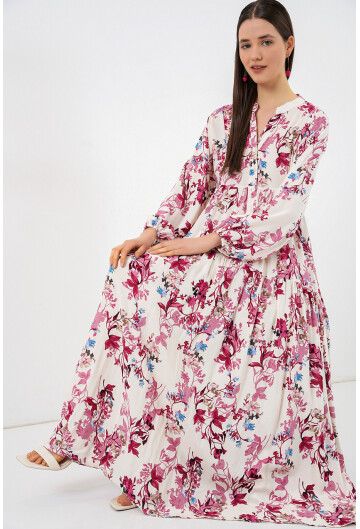 Kadın Desenli Uzun Tesettür Elbise 2585