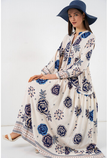 Kadın Desenli Uzun Tesettür Elbise 2585