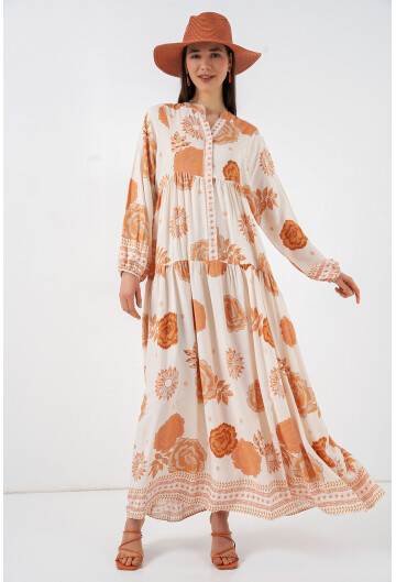 Kadın Desenli Uzun Tesettür Elbise 2585