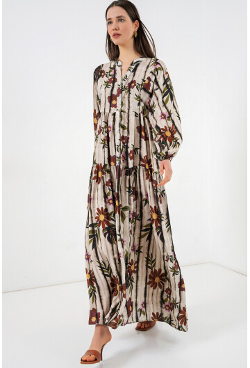 Kadın Desenli Uzun Tesettür Elbise 2585