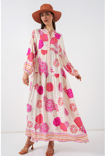 Kadın Desenli Uzun Tesettür Elbise 2585