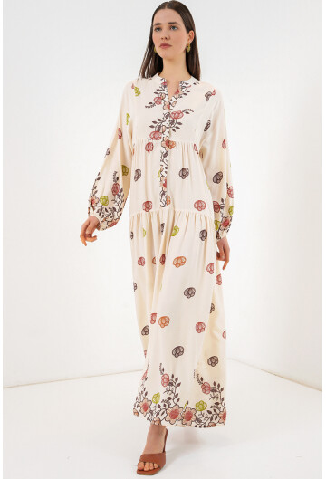 Kadın Desenli Uzun Tesettür Elbise 2585