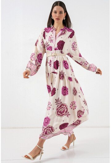 Kadın Desenli Uzun Tesettür Elbise 2585