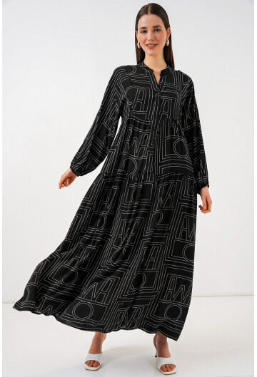 Kadın Desenli Uzun Tesettür Elbise 2585