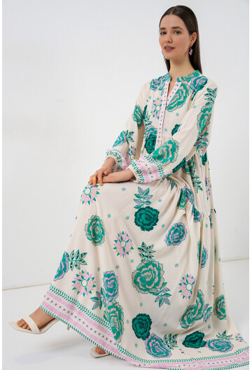 Kadın Desenli Uzun Tesettür Elbise 2585