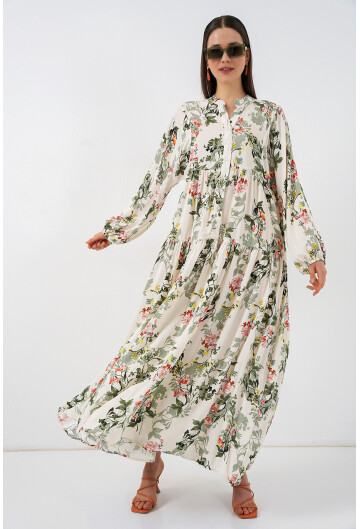 Kadın Desenli Uzun Tesettür Elbise 2585