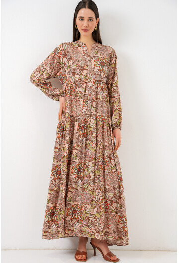 Kadın Desenli Uzun Tesettür Elbise 2585